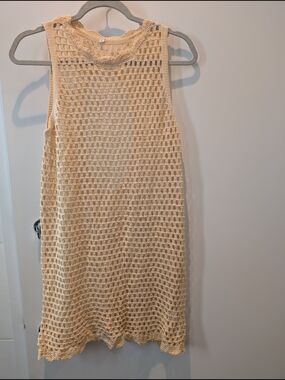 Crochet Open-Knit Sleeveless Beach Cover-Up in Light Beige